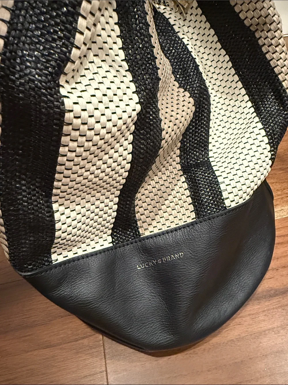 Woven Striped Bag with Black Leather Trim & tassel